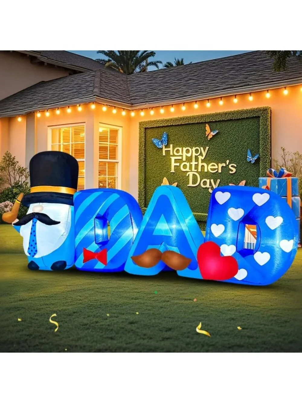 8FT Inflatable Father's Day Decoration with LED Lights, Gnome & Balloons for